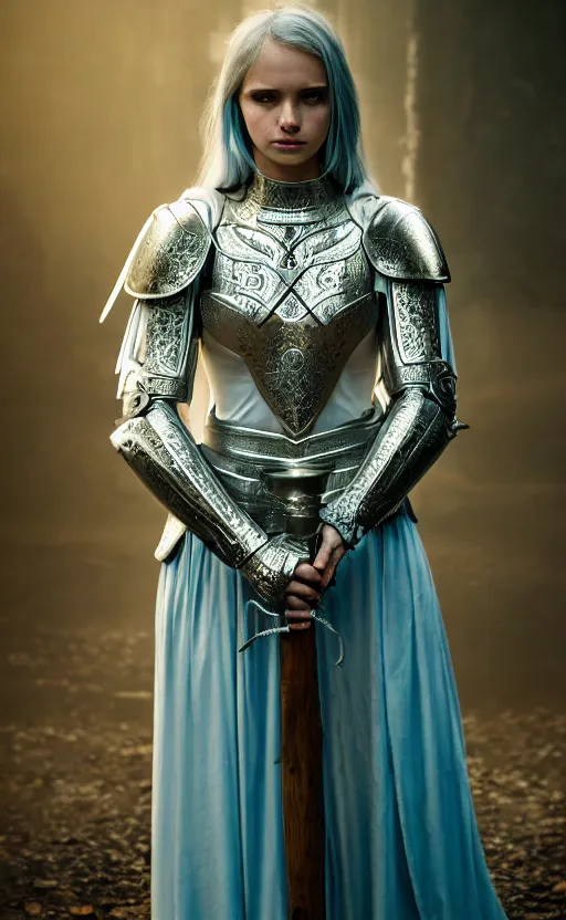 Prompt: angel, low key light, full plate armor with cloth, f 2. 8, bokeh, medium portrait, gentle, female, dark ruins, landscape, d & d, fantasy, intricate, elegant, highly detailed, teal white gold color palette, roger deakins, sharp focus, greg rutkowski and alphonse mucha