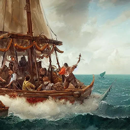 Image similar to a group of adventurers eating a giant pizza on a sailing ship, greg rutkowski