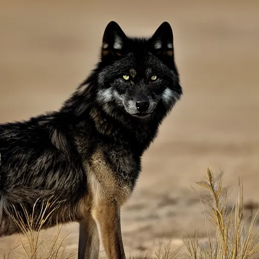 Prompt: black wolf in an australian desert, gold colored eyes, 4 0 0 mm photograph