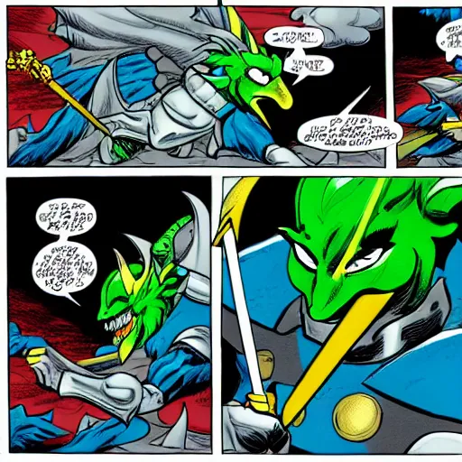 Image similar to comic book dragon fight vs knight in green car with blue armor and a gold sword