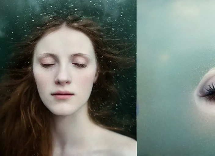 Image similar to Kodak Portra 400, 8K, soft light, volumetric lighting, highly detailed, britt marling style 3/4 by Giovanni Gastel , extreme Close-up portrait photography of a beautiful woman how pre-Raphaelites with her eyes closed,inspired by Ophelia by Martin Stranka , the face emerges from water of Pamukkale, underwater face, hair are intricate with highly detailed realistic beautiful brunches and flowers like crown, Realistic, Refined, Highly Detailed, soft blur background, outdoor soft pastel lighting colors scheme, outdoor fine art photography, Hyper realistic, photo realistic