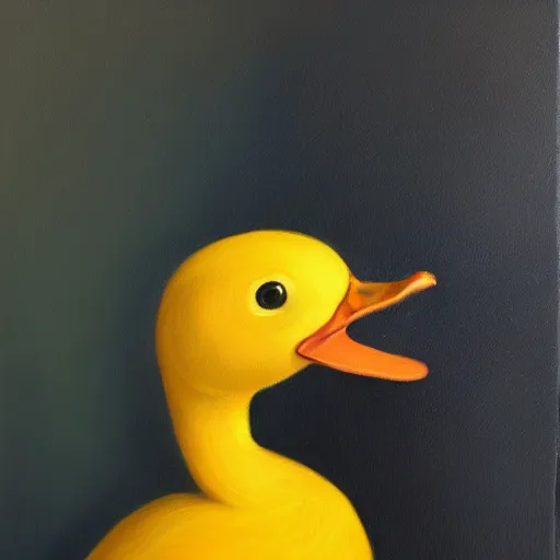 Image similar to yellow duck standing and holding a knife, oil painting