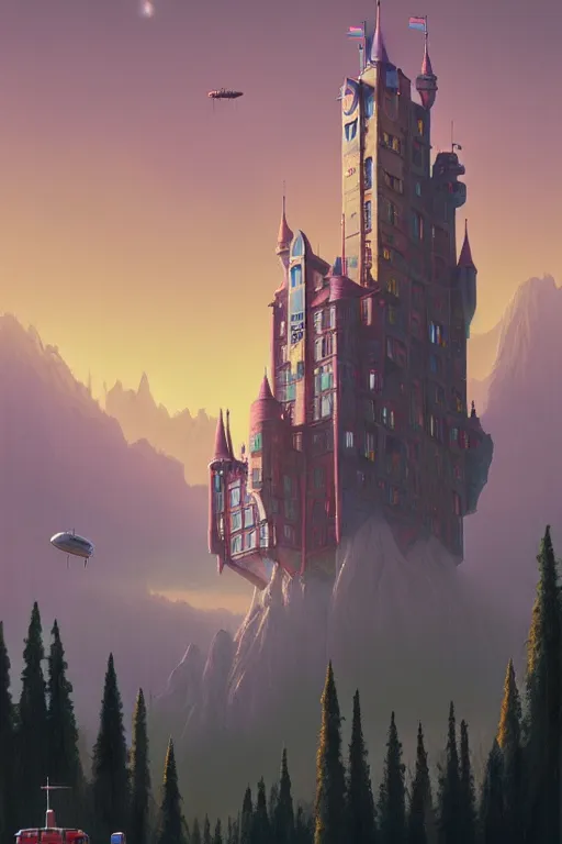 Image similar to a beautiful matte painting of a flying science fiction castle simon stalenhag and alan bean, trending on artstation