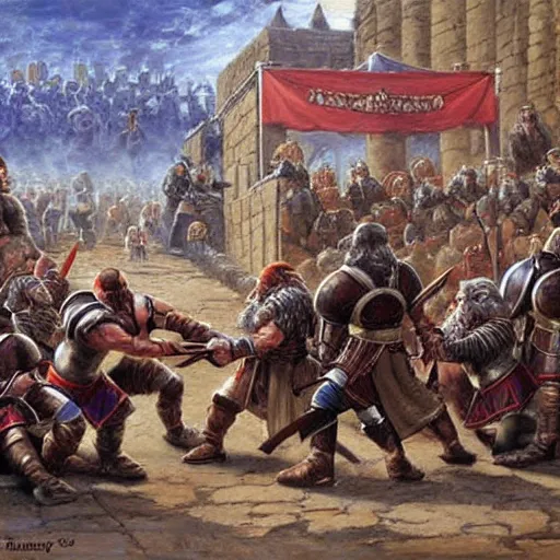 Image similar to DnD dwarves in gladitorial duel. Epic painting by james gurney. Dwarf gladiators in the coliseum.