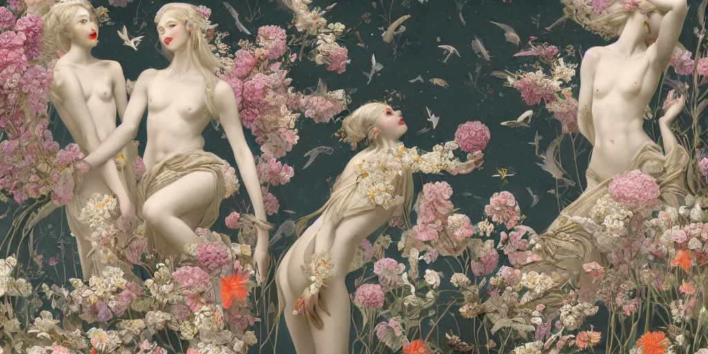 Image similar to breathtaking detailed concept art painting art deco pattern of blonde faces goddesses amalmation flowers and blend of flowers and birds, by hsiao - ron cheng and john james audubon, bizarre compositions, exquisite detail, extremely moody lighting, 8 k