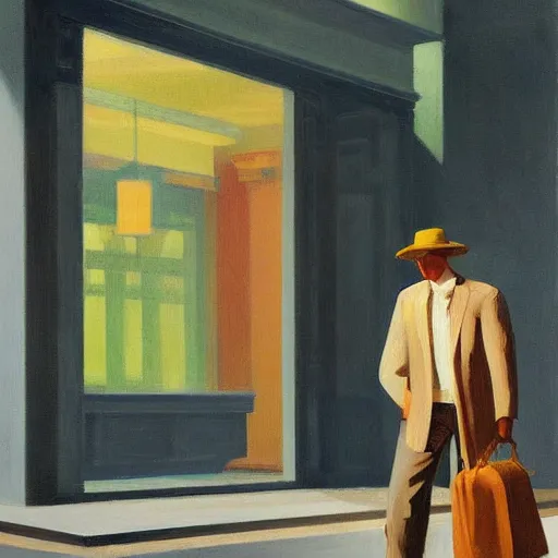 Prompt: man with a bag on his head, by Edward Hopper and James Gilleard, highly detailed