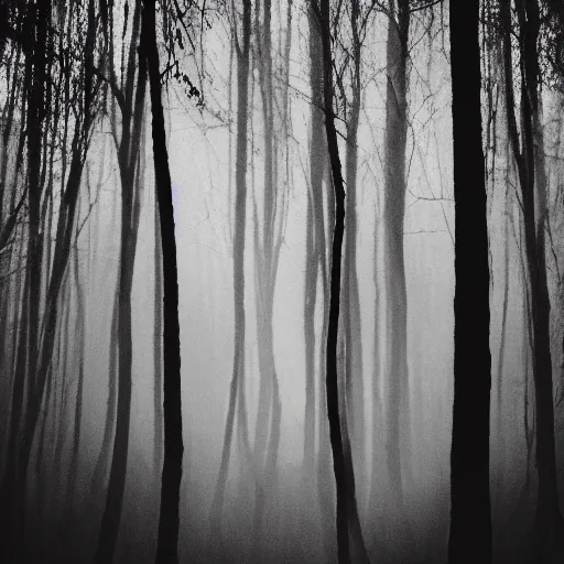 Image similar to a black and white blurry phone photo of a monster in a forest at night