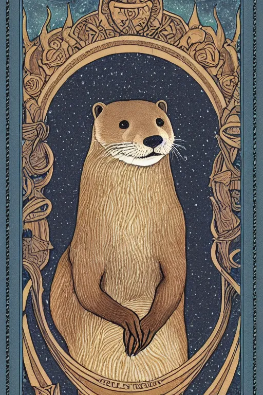 Image similar to tarot card illustration depicting an otter on the card tepmerance, framed in an elaborate line border, tarot card, detailed illustration, otter, furry art, artstation, 4 k