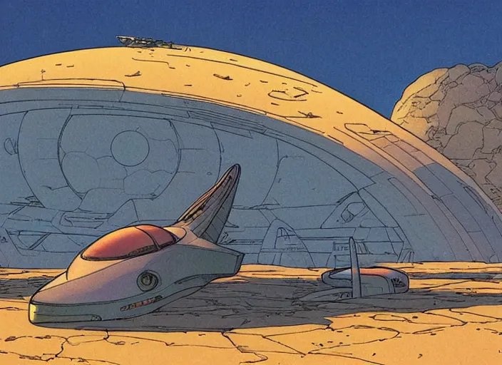 Image similar to a spaceship in a stunning landscape by moebius