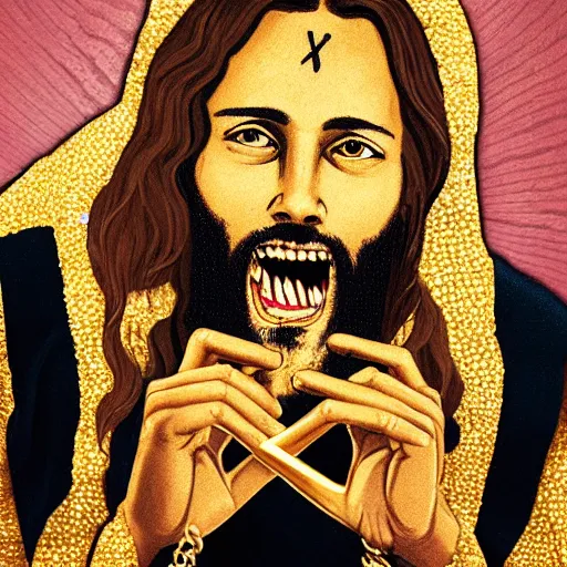 Image similar to jesus as a gangsta, golden chains, golden teeth, making a v with his hand