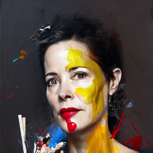 Prompt: hyperrealistic, photorealistic, mixed media oil painting of parker posey, magazine scraps, plaster, blood, oil, mustard, cigarettes, splatter, trending on artstation, award - winning painting, greg rutkowski, basquiat, ralph steadman, terry gilliam