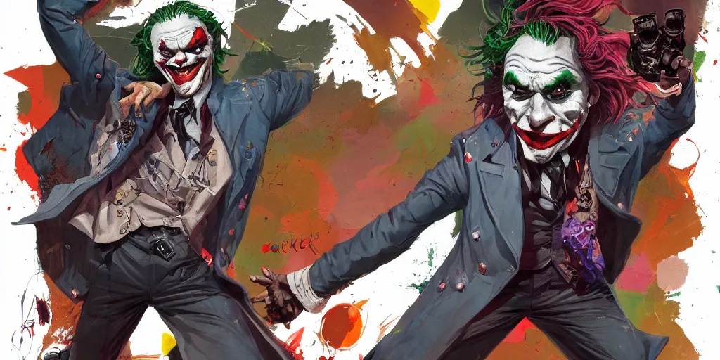 Image similar to cartoonish joker dancing in the night, vivid colors, character sheet, fine details, concept design, contrast, kim jung gi, greg rutkowski, enki bilal, trending on artstation, 8 k, full body, turnaround, front view, back view, ultra wide angle