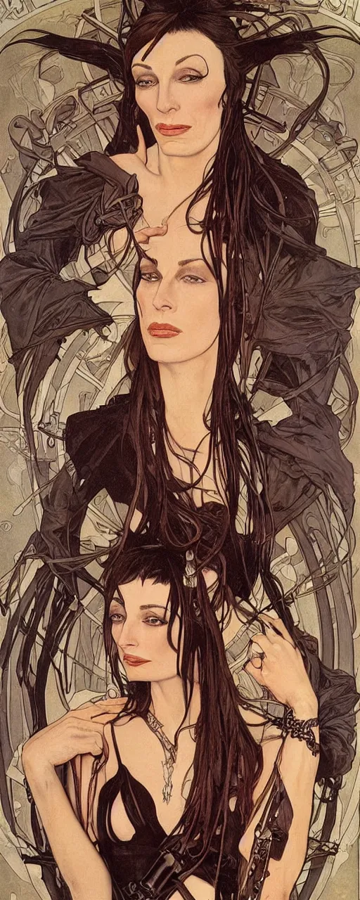 Image similar to striking sensual cartoon art nouveau style portrait of anjelica huston as an industrial crustpunk rebel soldier by glenn fabry, simon bisley and alphonse mucha, photorealism, extremely hyperdetailed, perfect symmetrical facial features, perfect anatomy, ornate declotage, spikes, latex, excited expression, wild eyes