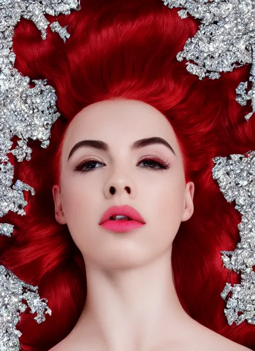 Image similar to ava max bright red hair lying on the floor surrounded by diamonds, canon, highly realistic. high resolution. highly detailed. dramatic. 8 k. 4 k.