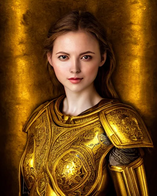 Image similar to fresco portrait of woman in shining golden armor, high production value, intricate details, high resolution, hdr, high definition, masterpiece, realistic, ultrarealistic, highly detailed, hd, sharp focus, non blurry, sharp, smooth