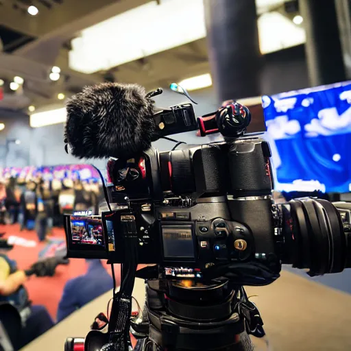 Image similar to ruggedly handsome gimbal camera operator getting the action shot at a video game tournament. photorealistic, high quality, intricate details