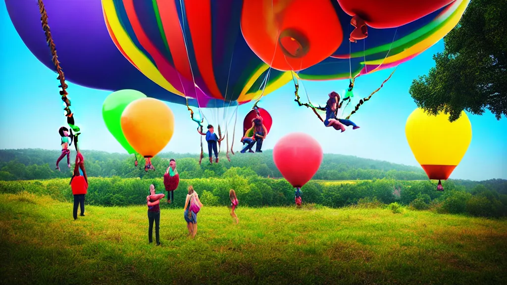 Image similar to large colorful balloons with people on rope swings underneath, flying high over the beautiful countryside landscape, professional photography, 8 0 mm telephoto lens, realistic, detailed, digital art, unreal engine