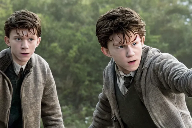 Image similar to film still of Tom Holland as Harry Potter in Harry Potter movie