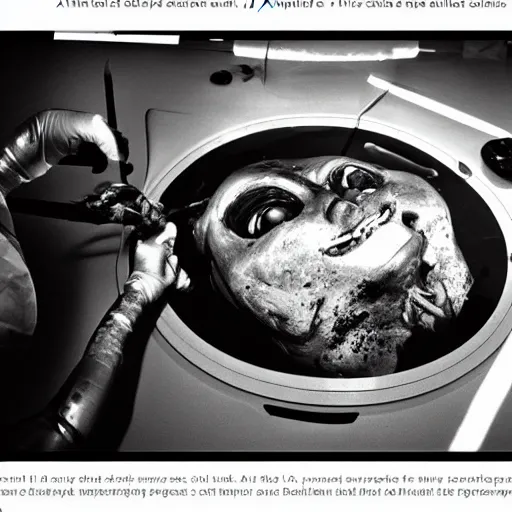 Image similar to photo of an alien autopsy, black and white, wide angle