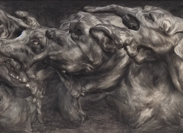 Image similar to hyperdetailed matte art of a three headed dog cerberus by william blake, ilya repin, amano, rene magritte, craig mullins, three headed dog cerberus, details