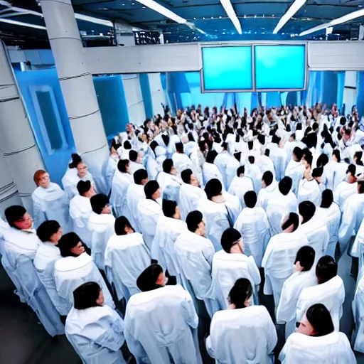 Image similar to unorganized crowd of angry chubby women, white hair, tight light blue neopren space uniforms, futuristic production facility, sci - fi, highly detailed, cinematic