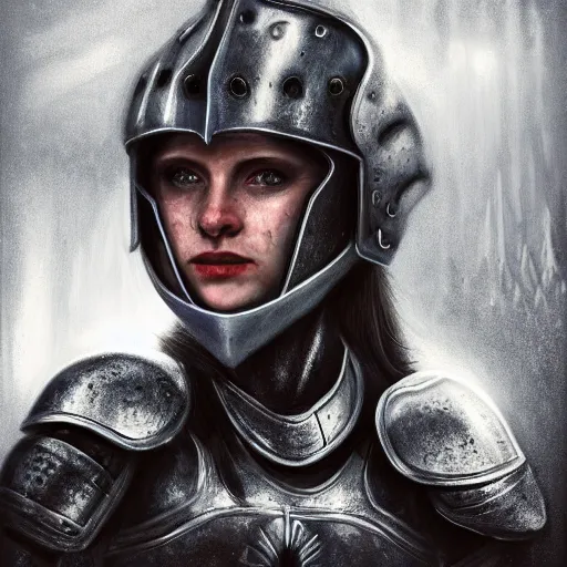 Prompt: head and shoulders portrait from an side angle of a female knight with a worried helmet, scars under her grey eyes. sad and tired eyes, broken neclace. background dark mystical castle! a few thin light rays on the castle. high detail, artstation top ten, photo in the style of bruce gilden