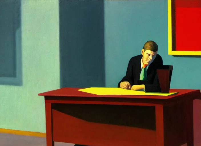 Prompt: painting of a lonely man sitting at his desk in an empty, huge office, in the style of edward hopper, very detailed face