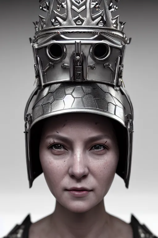 Image similar to 3 / 4 portrait, queen emma, crown, transparent skin, hyperrealism, detailed textures, photorealistic, 3 d cyberpunk apocalyptic city, futuristic clothing and helmet, ultra realistic, cinematic, intricate, cinematic light, unreal engine 8 k, octane render, unreal engine by david kostic and stanley lau and artgerm