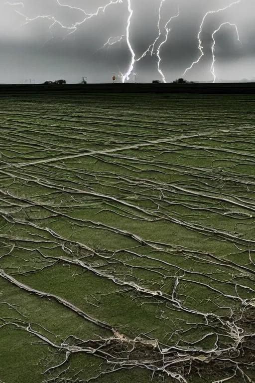 Prompt: Tornado of electricity rips through farmland, trending on artstation