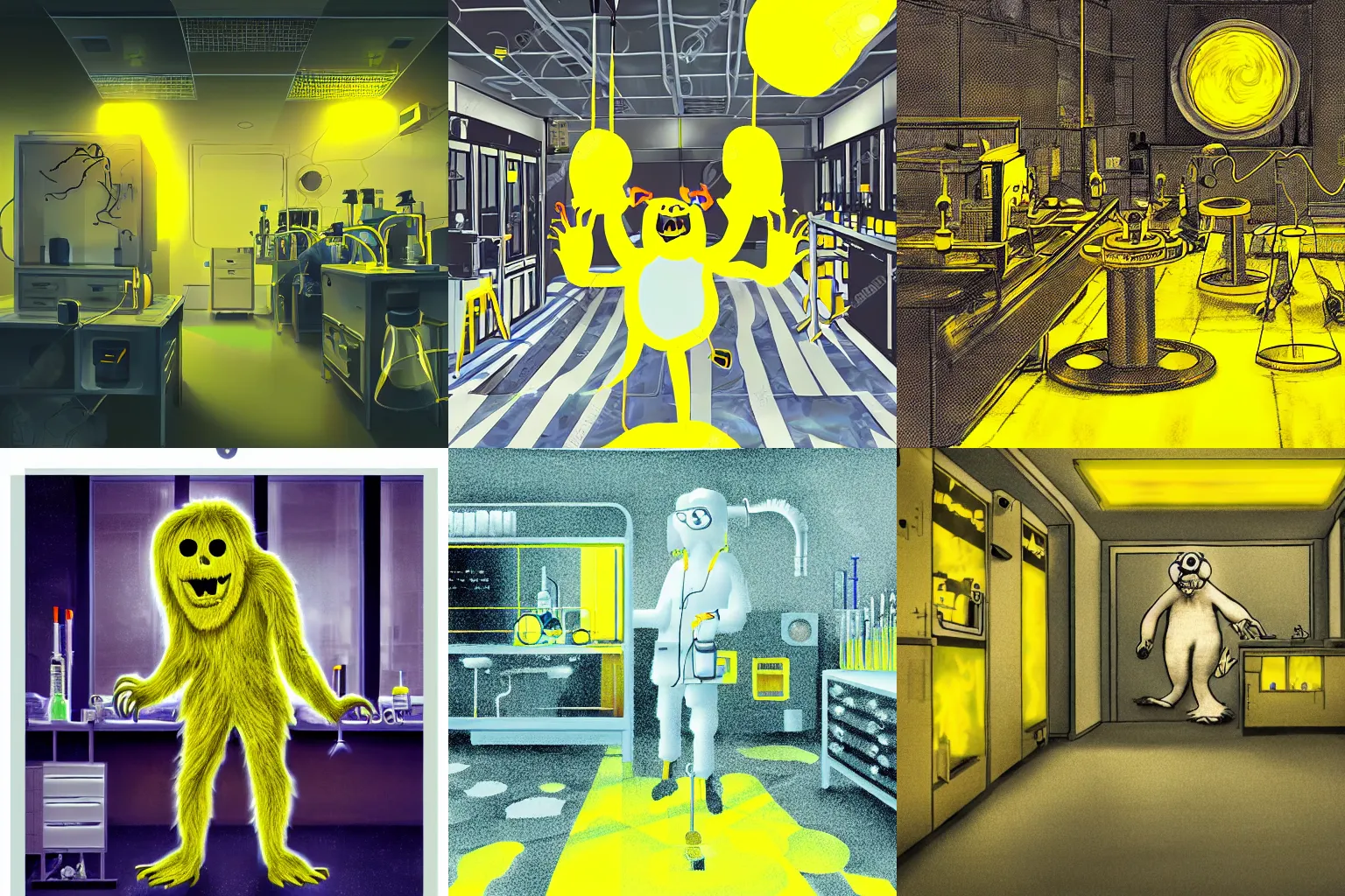 Prompt: hairy monster in laboratory clean room, photolithography, yellow artificial lighting, photorealistic, in style of digital painting