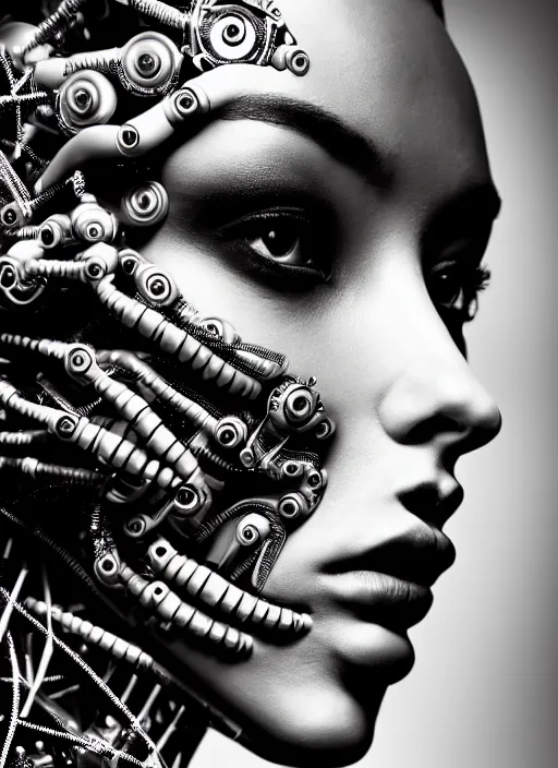 Image similar to a stunning young female cyborg profile face, face is made intricate tribal bio - mechanical, editorial photography, bw, shot on 7 0 mm, depth of field, f / 2. 8, high contrast, 1 6 k, rays of shimmering light, volumetric lighting, shiny, insanely detailed and intricate, hypermaximalist, elegant, ornate, hyper realistic, super detailed