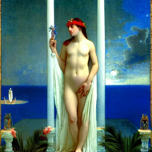 Image similar to Moon girl at the palace, thunderstorm, greek pool, beach and palm trees on the background major arcana sky, by paul delaroche, alphonse mucha and arnold böcklin arnold böcklin hyperrealistic 8k, very detailed