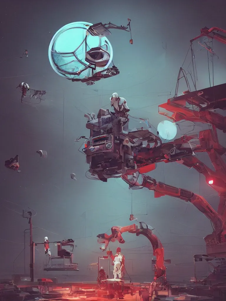 Prompt: graphic art of dystopian futuristic 1 0 mechanic surgeons in space suits, operate on a huge mouse head held by a crane. ominous glowing red netflix sign in the background, trending on art station, beeple