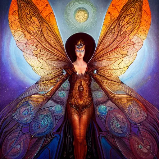 Prompt: beautiful closeup portrait of an art deco faerie queen, glowing eyes. reflective detailed textures, moth wings, highly detailed dark fantasy science fiction painting by tom bagshaw and michael whelan and diego rivera and annie swynnerton and jean delville and moebius and evelyn de morgan, elaborate geometric ornament, ancient runes, silver and cool colors. artstation