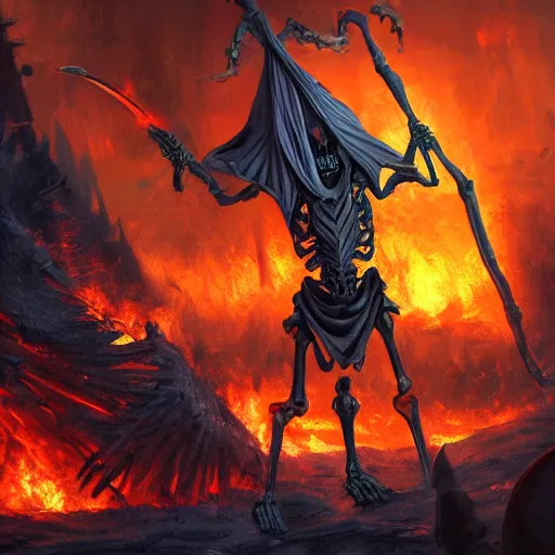 Prompt: a cloaked skeleton demon holding a spear watching a house on fire, firestorm, highly detailed digital art, oil on canvas, trending on Artstation, award-winning