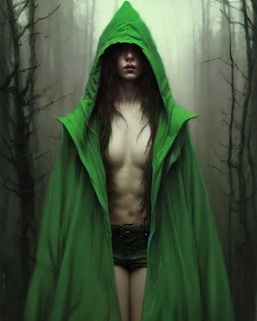 Prompt: portrait Green hooded jacket coat Beefy muscular fit Hunter elf, long-haired By greg rutkowski, tom bagshaw, beksinski