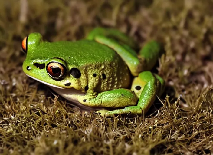 Prompt: a closeup, 4 5 mm, detailed photograph of cute real frog in grass land, beautiful low light, 4 5 mm, by franz lanting