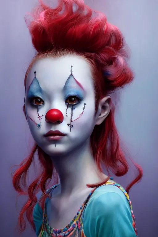 Image similar to breathtaking detailed painting of clown girl , with anxious, piercing eyes, Atari game cover art by Hsiao-Ron Cheng, James jean, Miho Hirano, Hayao Miyazaki, extremely moody lighting, hyperrealistic, octane render, RPG portrait, ambient light, dynamic lighting