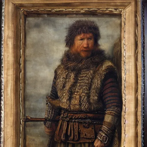 Prompt: portrait of norse man wearing historically accurate woad - dyed wool tunic with tablet - woven trim and short keyhole collar, undyed wool trousers, grey woven legwraps and cowhide turn shoes with leather toggles. oil painting, style of rembrandt