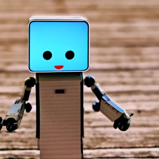 Image similar to a small robot with wheels, no arms, no legs and a cute smiling face on the screen on its face