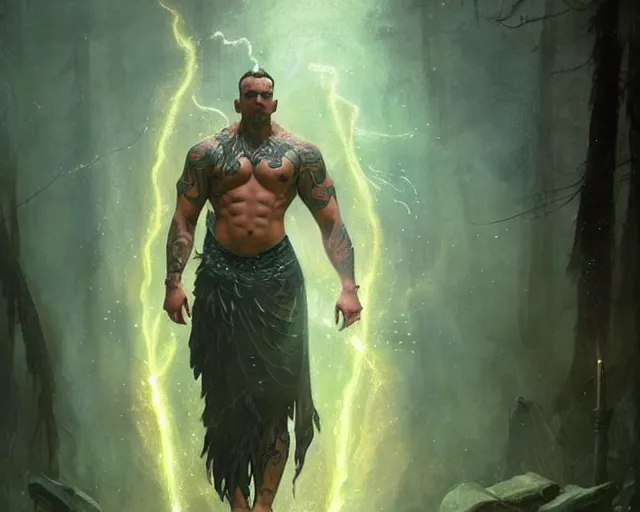 Image similar to handsome tattooed gym bro shaman lightning magic spell vfx, diagonal spell vfx, fantasy game spell, fantasy epic digital art, by greg rutkowski, gaston bussiere, craig mullins, j. c. leyendecker, tom of finland