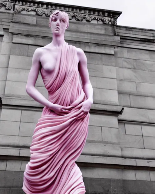 Image similar to a woman in a pink dress is posing for a photo, a marble sculpture by alexander mcqueen, featured on cg society, vorticism, genderless, androgynous, feminine