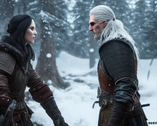 Image similar to 5 5 mm portrait photo of geralt arguing with yennefer of vengerberg. magical atmosphere. art by greg rutkowski. highly detailed 8 k. intricate. lifelike. soft light. nikon d 8 5 0.