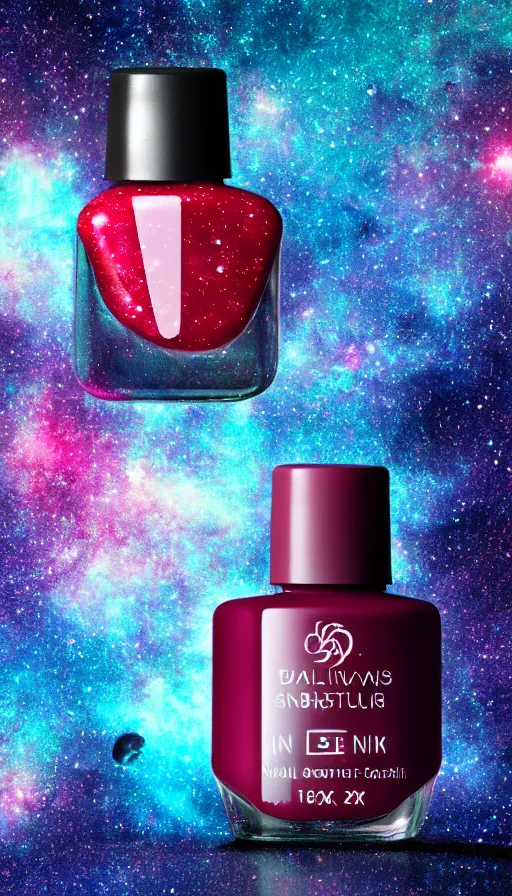 Image similar to a beautiful bottle of nail polish filled with small galaxy's and nebulas, insane, intricate, highly detailed, Zeiss Lens, smooth, sharp focus, Unreal Engine 5, Octane Render, Redshift, 8K