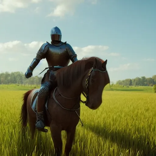 Prompt: knight riding a horse in a field, full 8 k highly detailed unreal engine 5 render