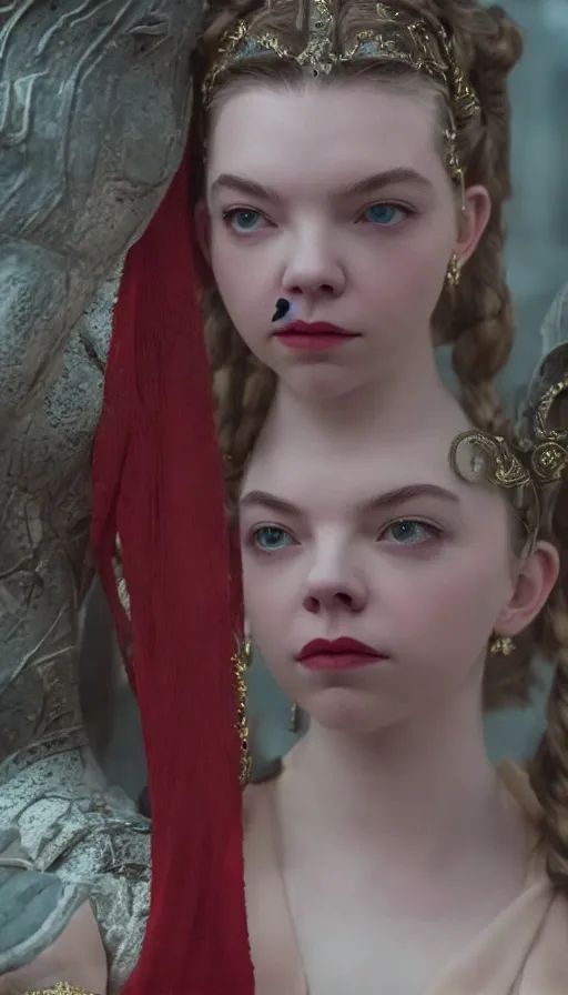 Image similar to dressed anya taylor - joy as goddess of the communism, symmetrical, cinematic, elegant, real photography, 4 k, ultra hd, sense of awe