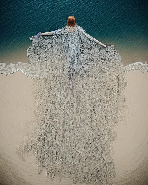 Image similar to a woman standing on a beach, made of intricate decorative lace leaf skeleton, shot from a drone, in the style of the dutch masters and gregory crewdson, dark and moody