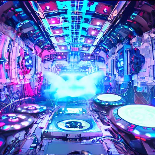 Image similar to hologram dj rave in the interior of an international space station. giant robotic mech particle accelerator. huge music festival with wall of sound. photorealistic 35mm 4k octane render