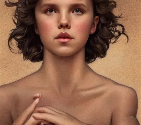 Prompt: photography millie bobby brown with hands - up and hairy armpits, deep focus, intricate, elegant, highly detailed, digital painting, artstation, concept art, matte, sharp focus, illustration, art by artgerm and greg rutkowski and alphonse mucha and gil elvgren