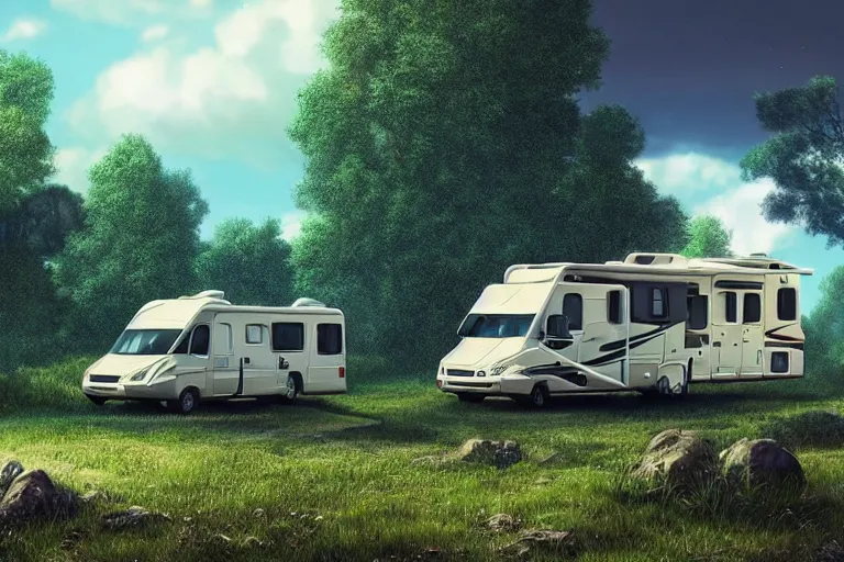 Prompt: a wholesome animation key shot of!! one!! focused! hymer motorhome! in romanian countryside, medium shot, studio ghibli, ( pixar ) and disney animation, sharp, very detailed, high resolution, rendered in unreal engine 5, anime key art by greg rutkowski, bloom, dramatic lighting